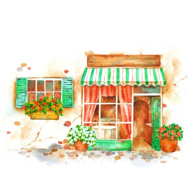 Küçük kafe cephesi, beyaz arka planda suluboya resim.