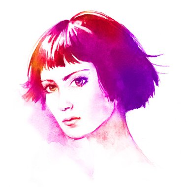 Kısa saçlı, moda resimli, suluboya resimli güzel bir kadın..