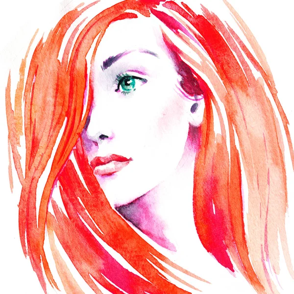 Belles Jeunes Femmes Aux Cheveux Longs Peinture Main Aquarelle Illustration — Photo