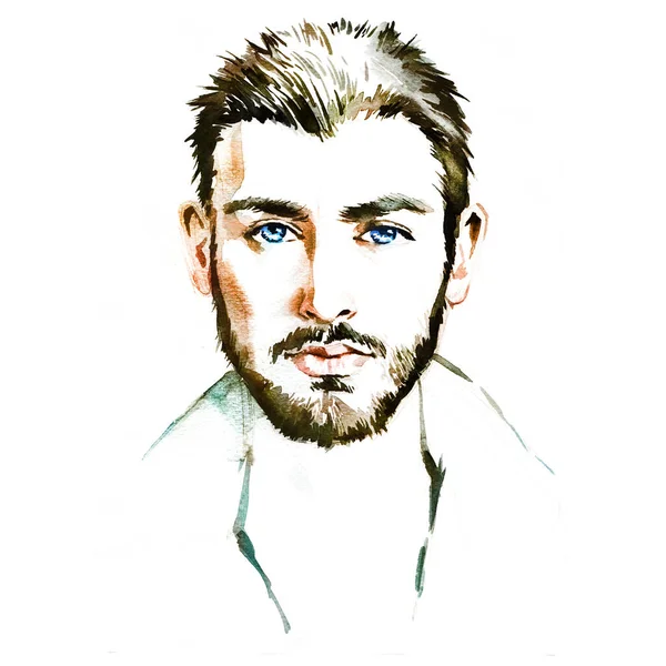 Mladý Krásný Muž Ručně Malované Akvarel Módní Ilustrace — Stock fotografie