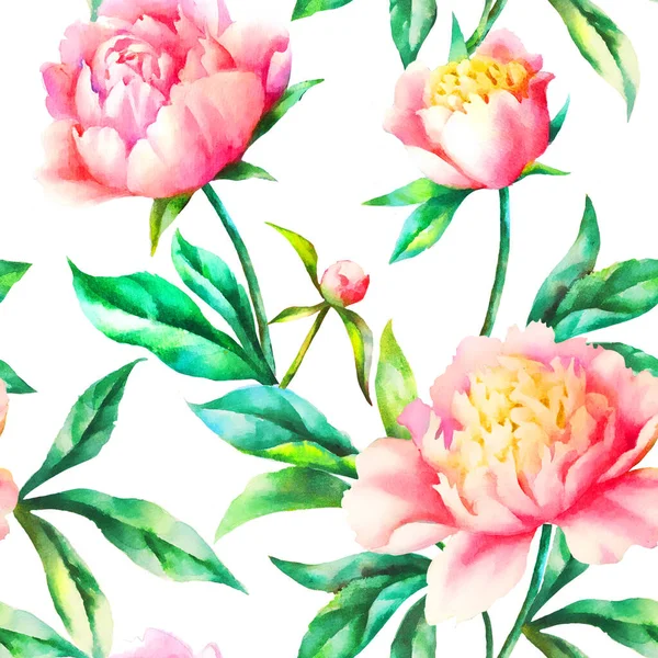 Watercolor Hand Paint Pink Peonies Leaves Vintage Seamless Pattern — Stock Photo, Image