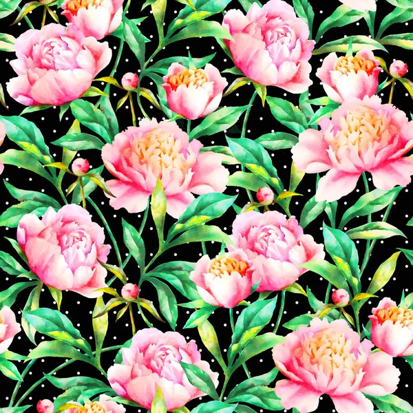 Watercolor Hand Paint Pink Peonies Leaves Vintage Seamless Pattern — Stock Photo, Image