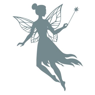 Sihirli değnekli uçan perinin silueti, vektör çizimi beyaz üzerine izole edilmiş..