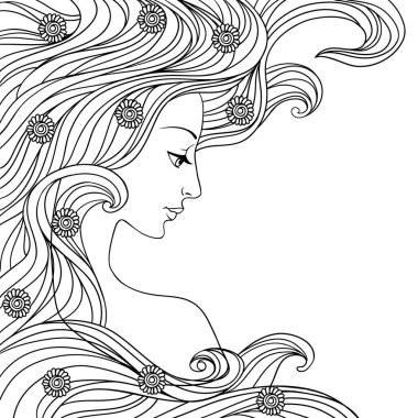 Uzun dalgalı saçlı bir kız. El çizimi vektör illüstrasyonu.