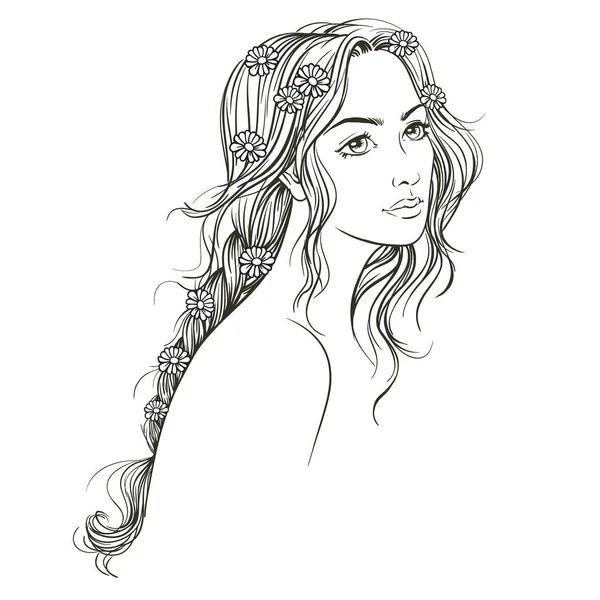 Ręcznie Rysowane Młode Piękne Kobiety Długim Kosa Zarys Ilustracji Wektor — Wektor stockowy