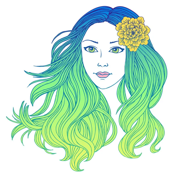 Dívka Dlouhými Vlnitými Vlasy Ručně Kreslené Plátno Vektorové Ilustrace — Stockový vektor