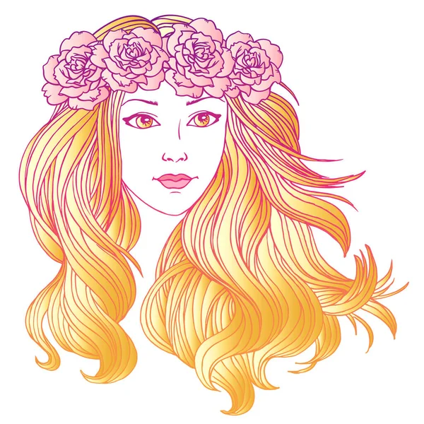 Fille Aux Cheveux Longs Ondulés Illustration Vectorielle Lin Dessinée Main — Image vectorielle