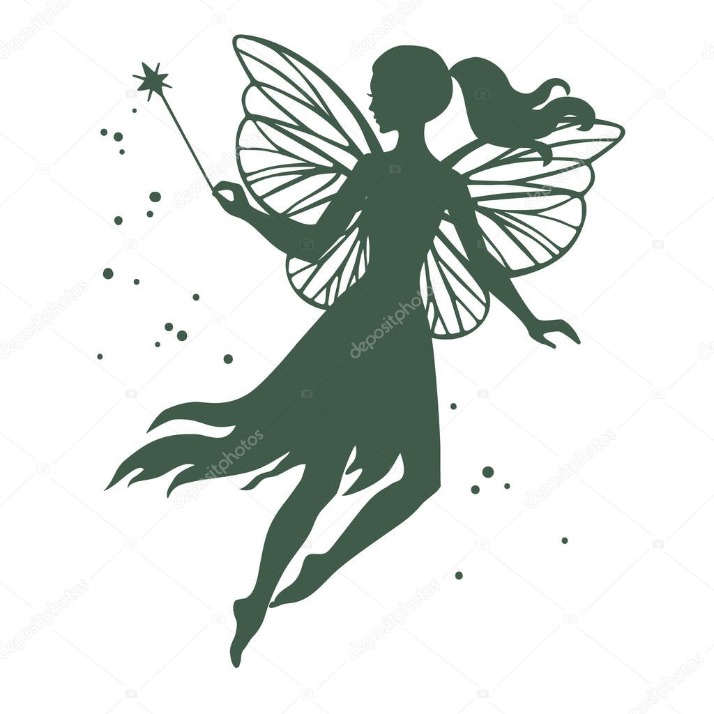 Silhouette of flying fairy with magic wand, vector  illustration isolated on white.