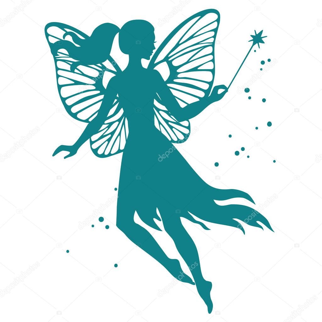 Silhouette of flying fairy with magic wand, vector  illustration isolated on white.
