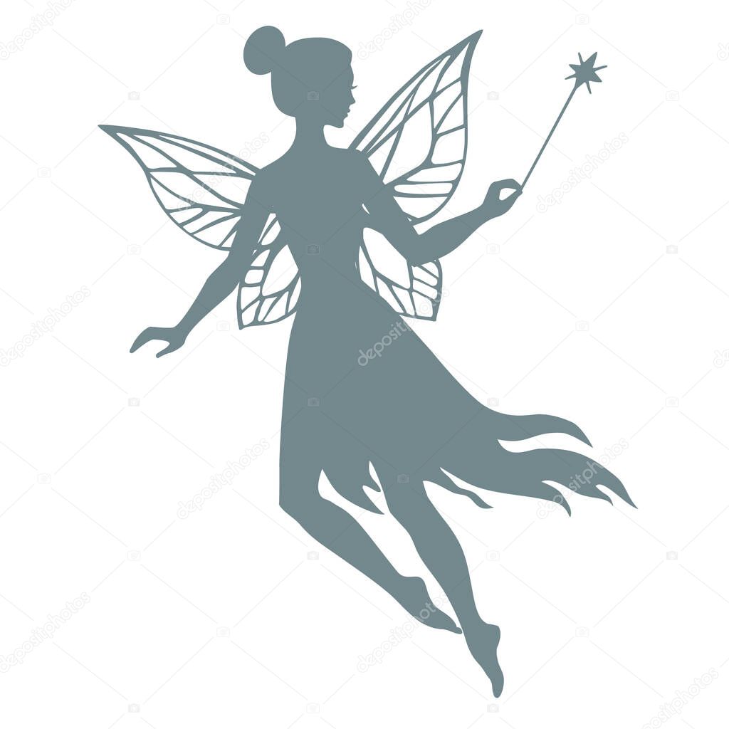 Silhouette of flying fairy with magic wand, vector  illustration isolated on white.