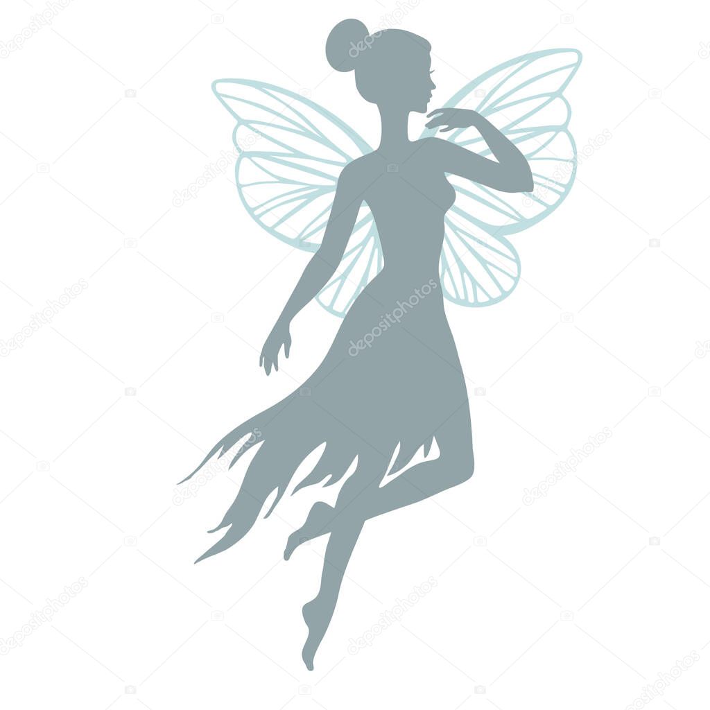 Silhouette of flying fairy, vector  illustration isolated on white.