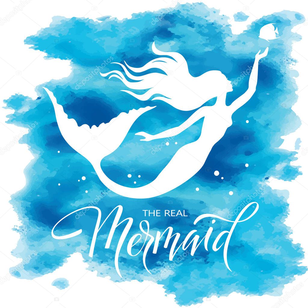 Mermaid  silhouette, hand drawn vector  illustration isolated on blue watercolor spot, logo, t-shirt design.