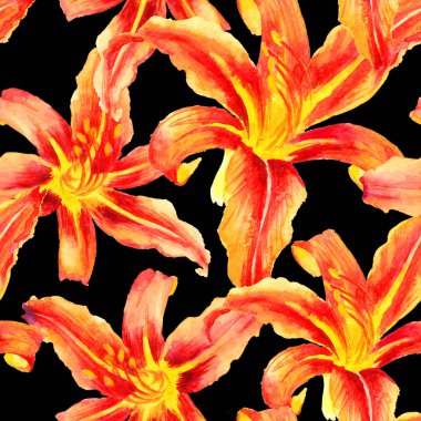 Suluboya el boyası turuncu zambak, kusursuz desen, tekstil şablonu, duvar kağıdı, ambalaj kağıdı.