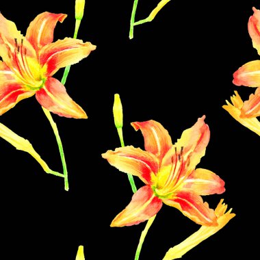 Suluboya el boyası turuncu zambak, kusursuz desen, tekstil şablonu, duvar kağıdı, ambalaj kağıdı.