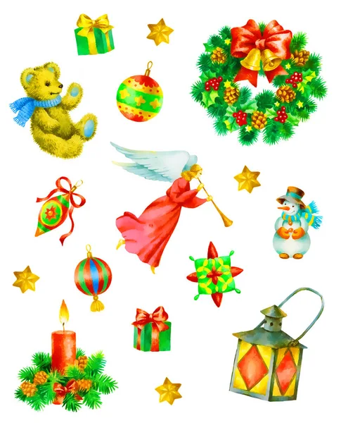 Hand Paint Watercolor Christmas Decorations Set Stickers Design Decoupage — Stock Photo, Image