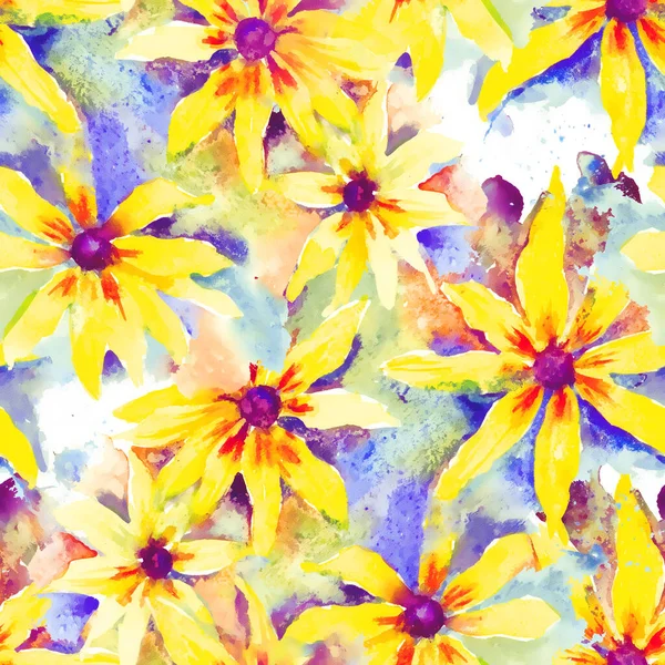 Rudbeckia 花卉水彩背景 无缝图案纺织品 包装纸 — 图库照片