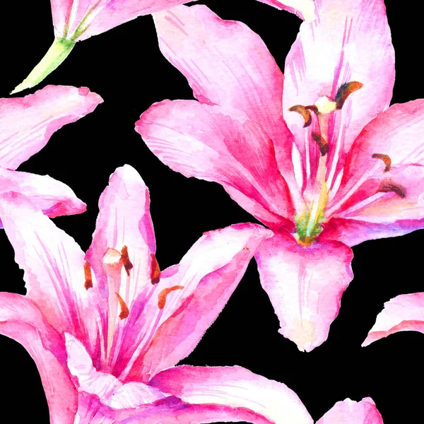 Akvarell Kézi Festék Rózsaszín Liliom Zökkenőmentes Minta Sablon Textil Tapéta — Stock Fotó