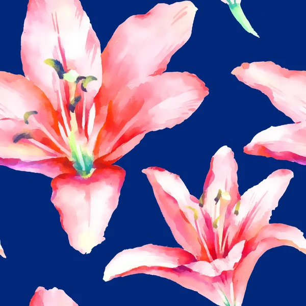 Watercolor hand paint pink lily, seamless pattern, template for textile, wallpaper, wrapping paper.