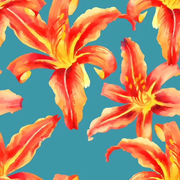 Watercolor Hand Paint Orange Lily Seamless Pattern Template Textile Wallpaper — Stock Photo, Image