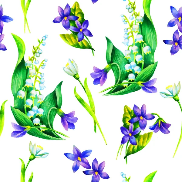 春の花 スノードロップ メイリリー ビオラシームレスパターン 手描き水彩イラスト テキスタイル用テンプレート 包装紙 — ストック写真