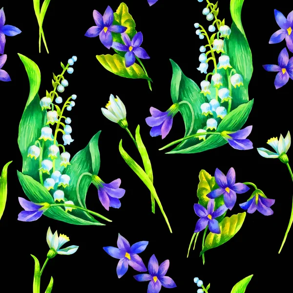 Snowdrop May Lilly Viola Seamless Pattern Hand 페인트 직물을 템플릿 — 스톡 사진