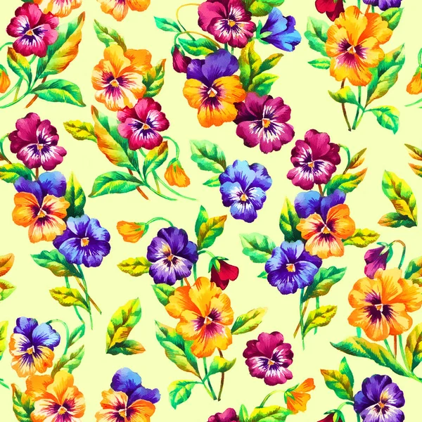 Pansy Hand Paint Watercolol Raster Seamless Pattern Template Textile Wallpaper — Stock Photo, Image