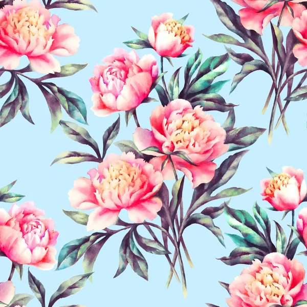 Watercolor Hand Paint Pink Peonies Leaves Seamless Pattern Template Textile — Stock Photo, Image