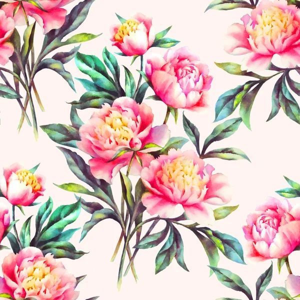 Watercolor Hand Paint Pink Peonies Leaves Seamless Pattern Template Textile — Stock Photo, Image