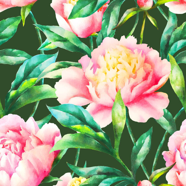 Акварель ручной краски розовые пионы и листья, плавный узор, шаблон для текстиля, обои, оберточная бумага.