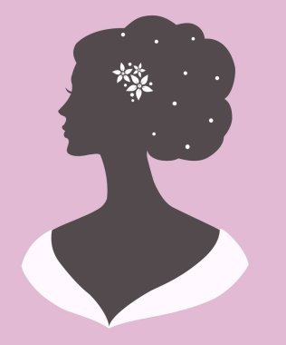 Düğün saç stili olan bir kadının silueti, kutlama kartı, davetiye, gelin duşu için vektör çizimi.