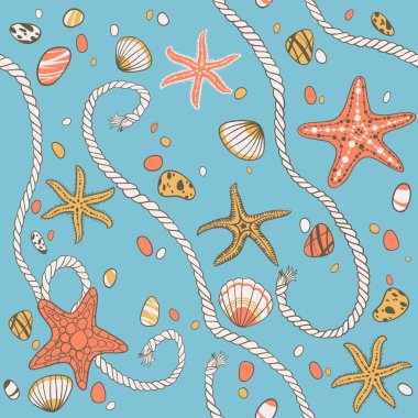 El yapımı seastarlar, ip, seastones ve deniz kabukları, vektörsüz desen.