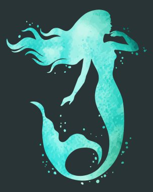 Elle boyanmış denizkızı, suluboya vektör silueti çizimi.