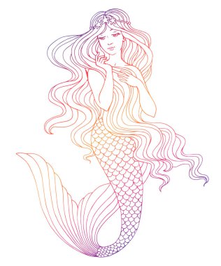 El çizimi denizkızı, beyaz arkaplanda, keten vektör çizimi.