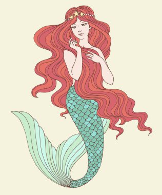 El çizimi denizkızı, beyaz arkaplanda, keten vektör çizimi.