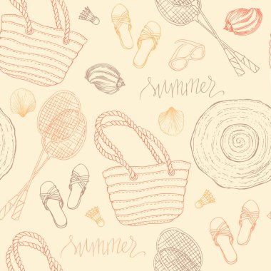 Yaz tatilinde el çizimi elementler: badminton, servis aleti, çanta, güneş gözlüğü, deniz kabuğu ve şapka. Linen vektör illüstrasyonu, vektörsüz desen.