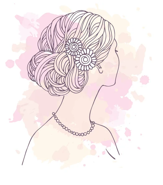 Dziewczyna Stylu Włosów Ślubnych Kwiatami Tyłu Ręcznie Rysowane Wektor Ilustracji — Wektor stockowy