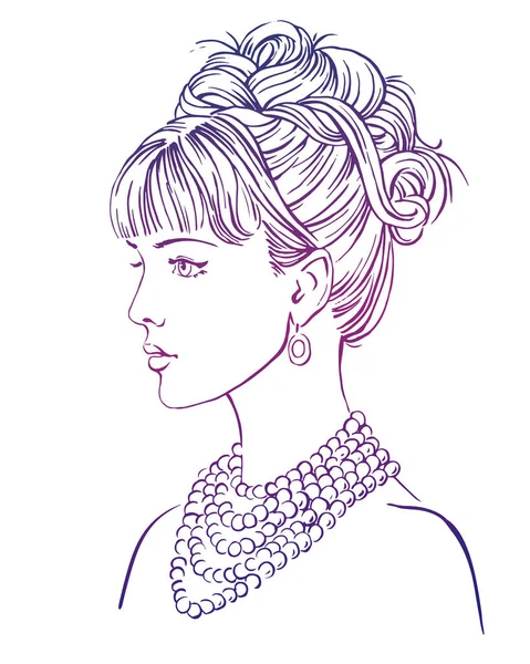 Junge Frauen Mit Halskette Profil Handgezeichnete Vektorillustration — Stockvektor