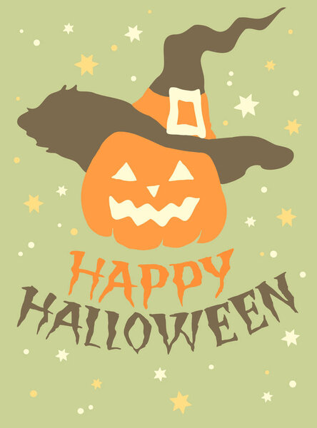 Halloween pumpkin in hat, vector illustration for design: greeting card, poser,invitation