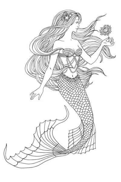 Handgezeichnete Meerjungfrau Die Eine Blume Hält Auf Weißem Hintergrund Leinenvektorillustration — Stockvektor
