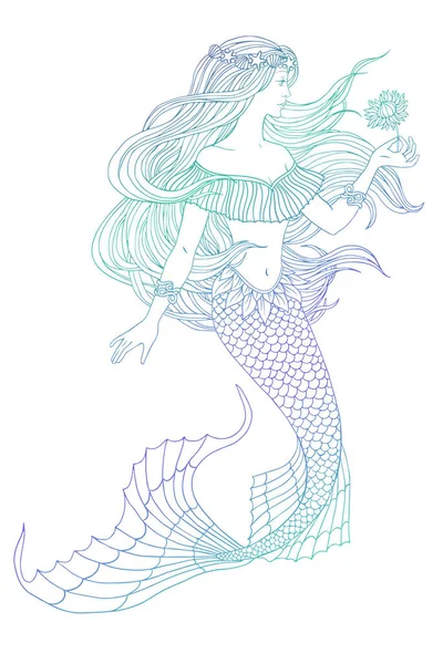 Hand Drawn Mermaid Holding Flower White Background Linen Vector Illustration — Stock Vector
