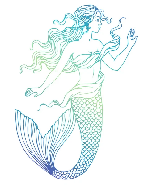 Hermosa Sirena Contorno Vector Ilustración Dibujada Mano Sobre Fondo Acuarela — Archivo Imágenes Vectoriales