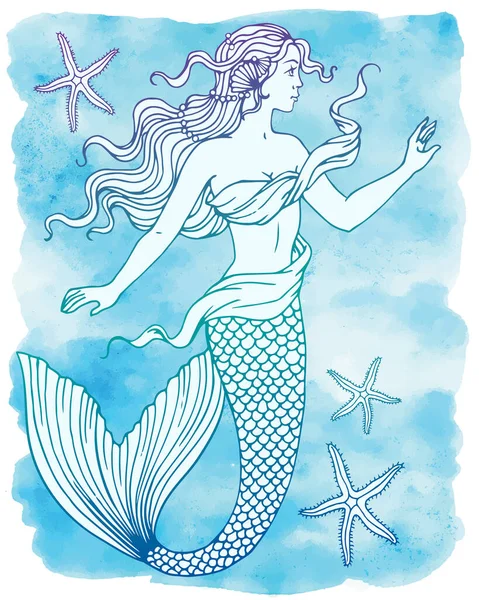 Schöne Meerjungfrau Umriss Vektor Handgezeichnete Illustration Auf Aquarell Hintergrund — Stockvektor
