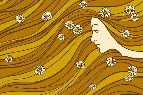 Girl Profile Wavy Hair Background Vector Linen Illustration Banner Card — Stock Vector