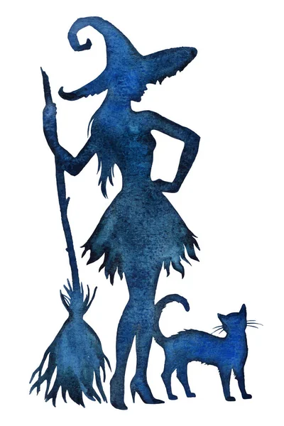 Silhouette Witch Standing Broom Cat Watercolor Hand Paint Vector Illustration — Stock Vector