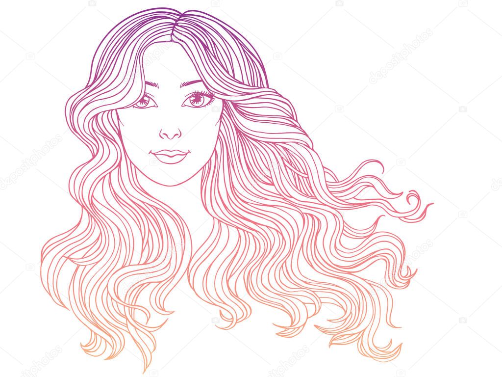 Girl with long wavy hair, hand drawn linen vector illustration.