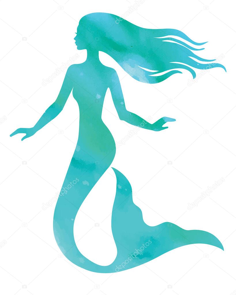 Mermaid, watercolor vector silhouette illustration isolated on white background.