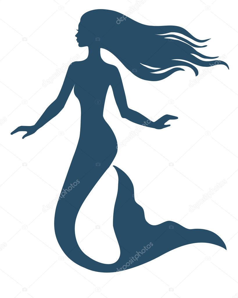 Mermaid, hand drawn vector silhouette illustration.