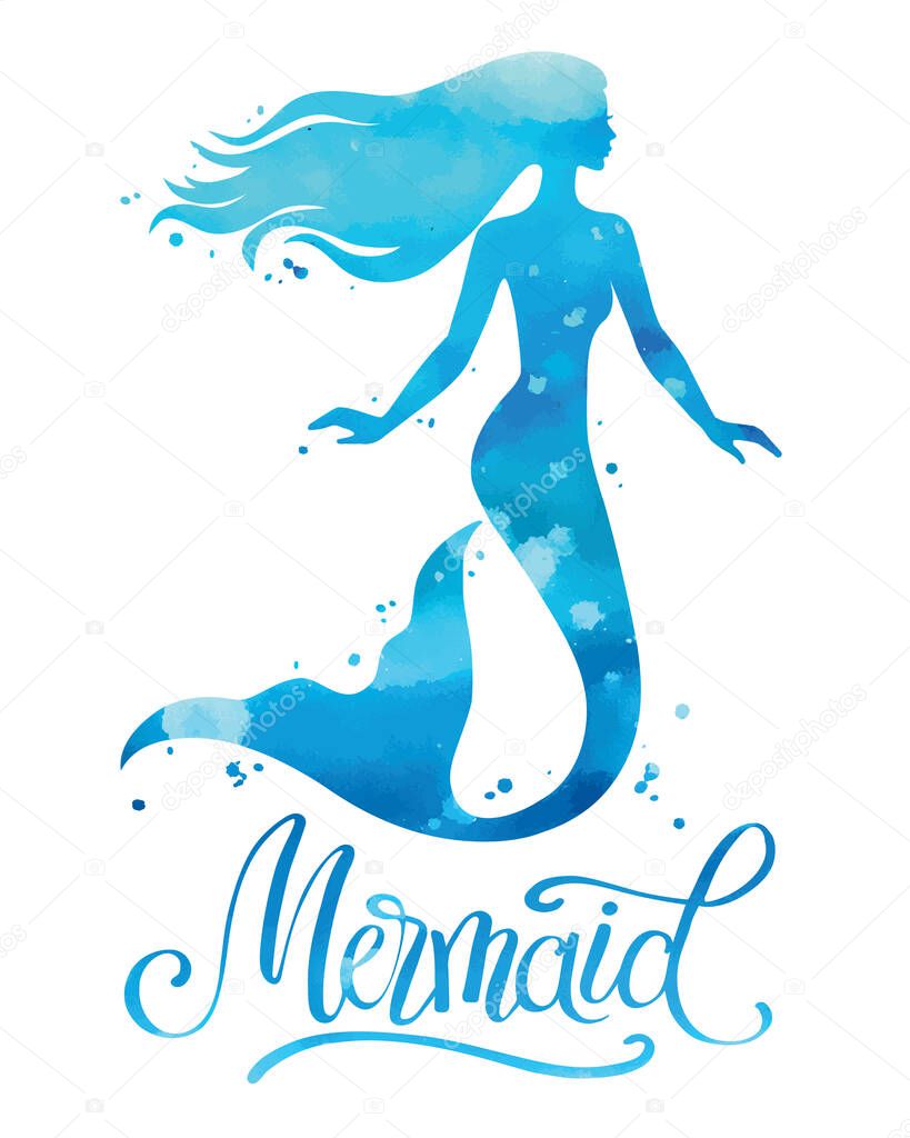Hand painted mermaid, watercolor vector silhouette illustration.