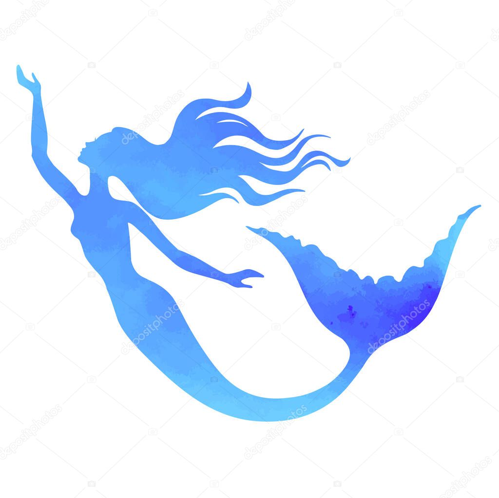 Mermaid swimming, watercolor vector silhouette illustration.