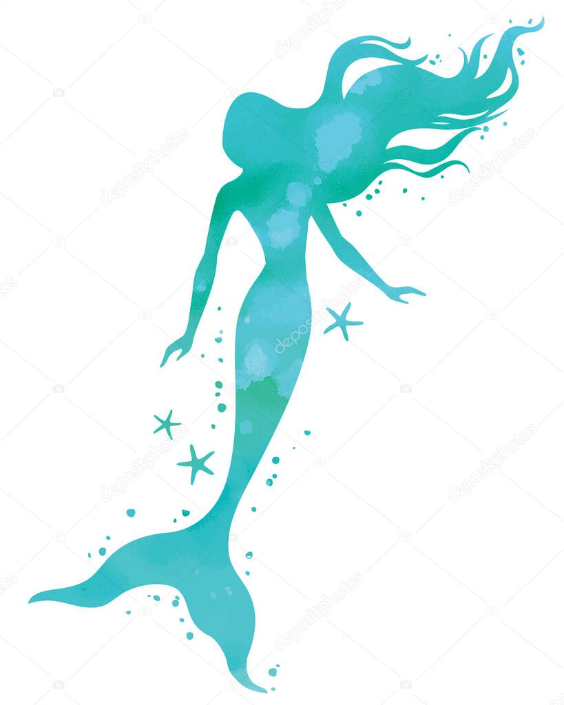 Hand painted mermaid, watercolor vector silhouette illustration.